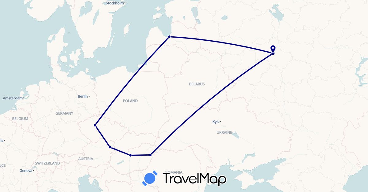 TravelMap itinerary: driving in Austria, Czech Republic, Hungary, Latvia, Russia (Europe)