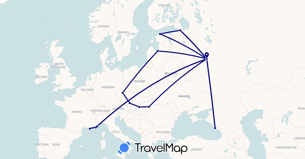 TravelMap itinerary: driving in Austria, Czech Republic, Estonia, France, Hungary, Latvia, Monaco, Russia (Europe)